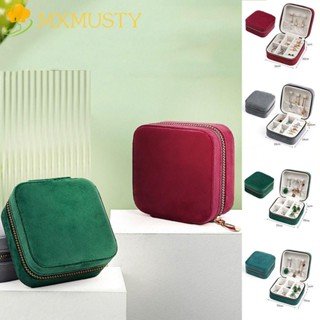 Mxmusty กล่องกํามะหยี่ มีซิป แบบพกพา สีพื้น สําหรับใส่เครื่องประดับ สร้อยคอ แหวน ต่างหู