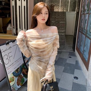 เสื้อครอปท็อปแขนยาว เปิดไหล่ ผ้าโปร่ง สีมัดย้อม สไตล์วินเทจ สําหรับผู้หญิง Y2k