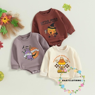 Babyclothes- ชุดรอมเปอร์ แขนยาว คอกลม พิมพ์ลายฟักทอง ฮาโลวีน สําหรับเด็กผู้หญิง