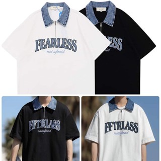 StylePop เสื้อเชิ้ตแขนสั้นผู้ชาย คอยีนส์ งานปัก ลาย Fearless