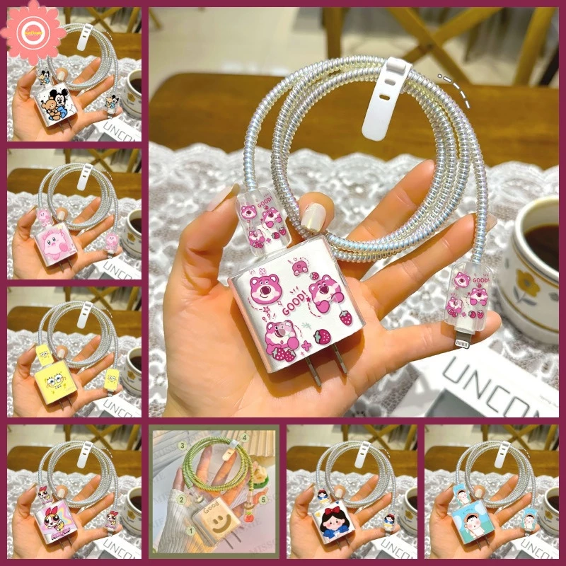 5 ใน 1สัตว์น่ารักสตรอเบอร์รี่หมีป้องกันสายเคเบิลข้อมูลแขนชุดน่ารักสายยิ้มกัดป้องกันเข้ากันได้สําหรับแอปเปิ้ล18/20วัตต์อะแดปเตอร์กรณีเคร