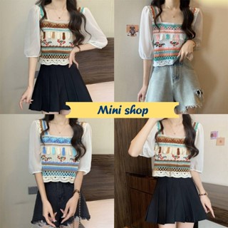 Mini shop🌸พร้อมส่ง🌸 (72026) เสื้อถักไหมพรม ปักลายดอกไม้ แขนสั้นผ้าชีฟองใส่สบาย -C