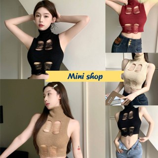 Mini shop🌸พร้อมส่ง🌸 (W391) เสื้อกล้ามครอปไหมพรม คอเต่า แต่งขาดๆ แขนกุด-C