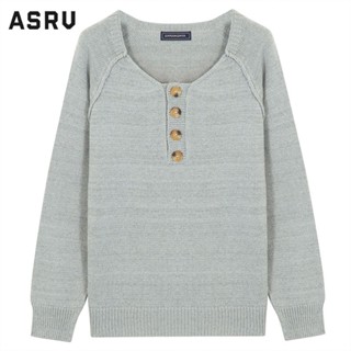 ASRV ฤดูใบไม้ผลิและฤดูใบไม้ร่วงใหม่สีทึบเสื้อถักนิตติ้งคอกลมแขนยาวเสื้อสวมหัวเสื้อสเวตเตอร์ส่วนล่าง