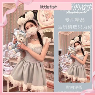 [littlefish] ชุดเดรสเจ้าหญิง แขนระบาย แต่งลูกไม้ ลายดอกไม้ สีฟ้า ขนาดใหญ่ แฟชั่นฤดูร้อน สําหรับเด็ก