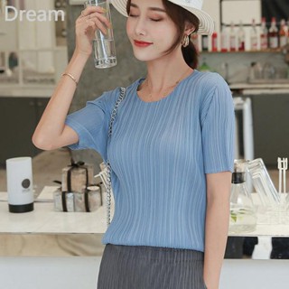 Sanzhai pleated short-sleeved T-shirt womens summer New loose round neck stretch pleated bottoming shirt pleated half sleeve top