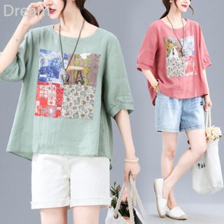 All-match round neck patch T-shirt womens summer loose large size western style aging back bow middle sleeve top