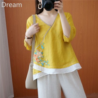 Ethnic style artistic retro embroidered V-neck shirt womens summer large size light cardigan cotton and linen irregular shirt