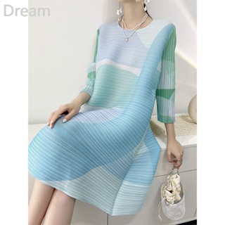 Printed three-house pleated dress summer aging large size western style loose slimming mid-length womens dress