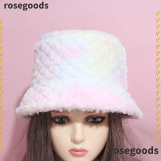 Rosegoods1 หมวกบักเก็ตแฟชั่น ขนเฟอร์เทียมนิ่ม หนา กันแดด สีมัดย้อม อบอุ่น แฟชั่นฤดูหนาว