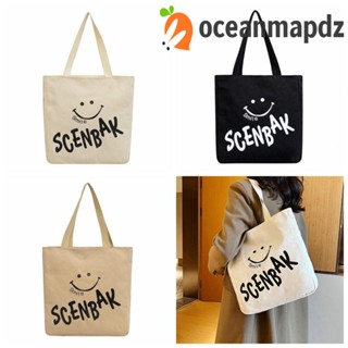 Oceanmapdz กระเป๋าช้อปปิ้ง ผ้าแคนวาส พิมพ์ลายหน้ายิ้ม เรียบง่าย จุของได้เยอะ สําหรับผู้หญิง