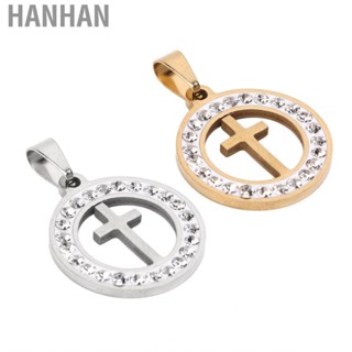 Hanhan Crucifix Necklace Pendant Round Elegant Style Shiny Glossy Titanium Steel Rhinestones 2x2.8cm for Party