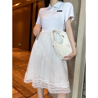 7P9C MIU MIU 23 autumn and winter New Beautiful girl temperament dress stitching mesh age-reducing logo embroidery Fashion