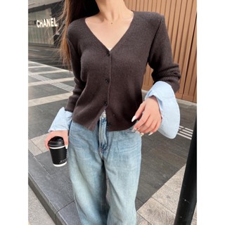 WTEW Alexa * r W * g AW 23 autumn and winter New shirt sleeve sweater velvet rib round neck pullover fashionable all-match slim V-neck