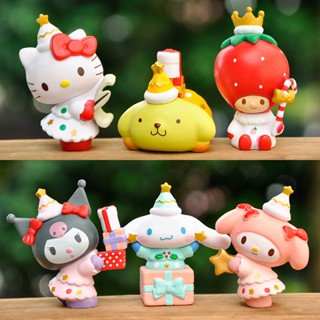 SANRIO ชุดตุ๊กตาการ์ตูนแมวน่ารัก ขนาดเล็ก สําหรับตกแต่งเค้กคริสต์มาส 6 ชิ้น ต่อชุด