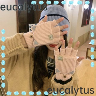 Eucalytus1 ถุงมือถัก แบบครึ่งนิ้ว ลายหูแมวน่ารัก ยืดหยุ่น ให้ความอบอุ่น แฟชั่น สําหรับนักเรียน