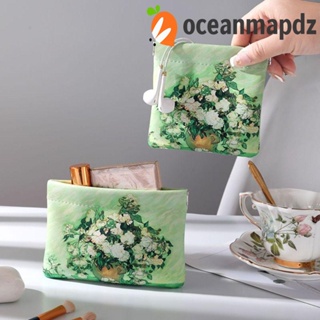 Oceanmapdz กระเป๋าแว่นกันแดด ปิดเอง, กระเป๋าเครื่องสําอาง PU แบบพกพา ลายดอกไม้ ใบไม้ ฤดูใบไม้ผลิ, กระเป๋าเก็บผ้าอนามัย ภาพวาดสีน้ํามัน สําหรับเด็กผู้หญิง