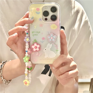 เคสโทรศัพท์มือถือ ซิลิโคน กันกระแทก ลายดอกไม้ กระต่ายน่ารัก พร้อมสายโซ่คล้อง สําหรับ Iphone 11 12 13 14 15 PRO MAX 13ProMax 12 13pro 11 14pro