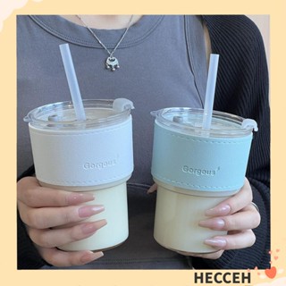 Hecceh ขวดน้ํา พร้อมฝาปิด 400 มล. แก้วกาแฟใส สร้างสรรค์ พร้อมหลอด แก้วกาแฟ เบียร์