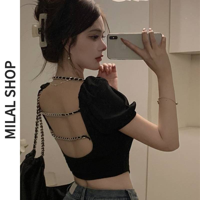 เสื้อเชิ้ตแขนสั้น เปิดหลัง สุดเซ็กซี่ แต่งสายโซ่ สําหรับผู้หญิง