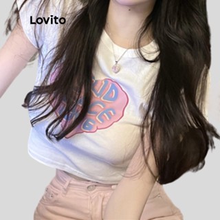 Lovito เสื้อยืดครอป ลำลอง แขนสั้น ลายตัวอักษร สำหรับผู้หญิง LNA14040 (สีขาว/ดำ)