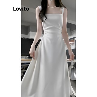 Lovito ชุดแม็กซี่เดรส ลำลอง แขนกุด ทรงบาน จับจีบ สำหรับผู้หญิง LNA14069 (สีขาว)