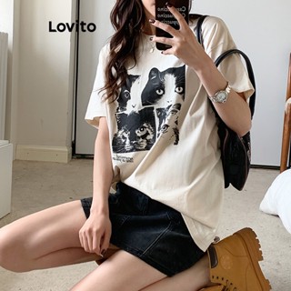 Lovito เสื้อยืดลําลอง ลายสัตว์ แมว สําหรับผู้หญิง LNE16096 (สีขาว)