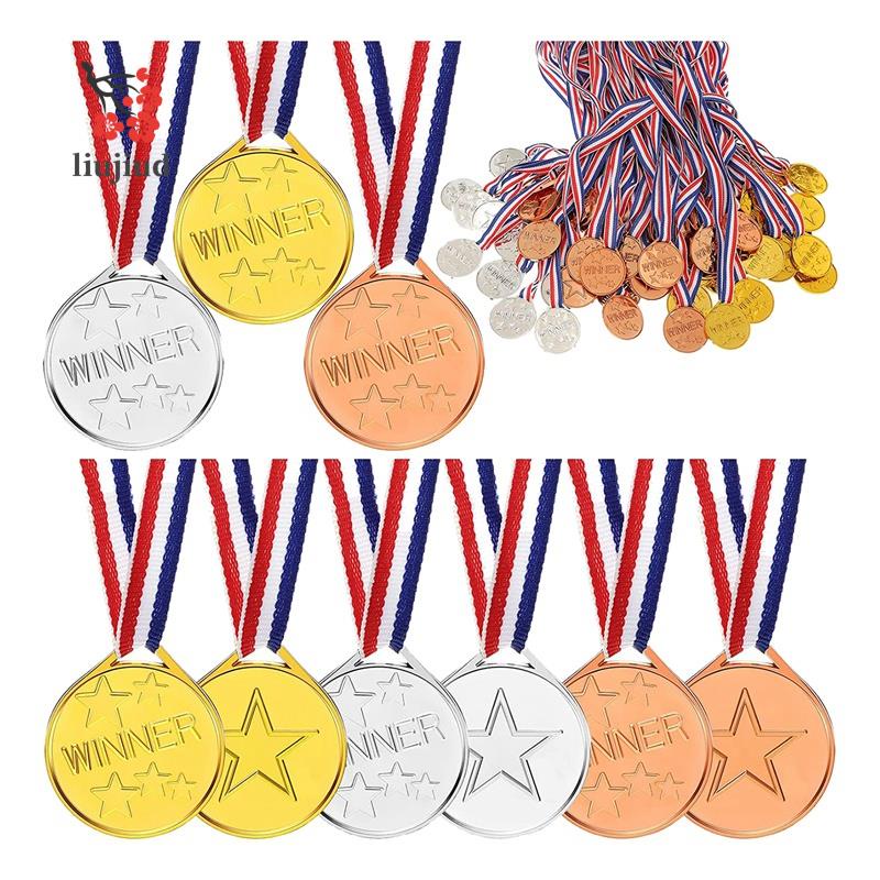 Liujiud เหรียญรางวัล พลาสติก สีทอง สีเงิน สีบรอนซ์ สําหรับงานปาร์ตี้ เกม กีฬา 100 ชิ้น