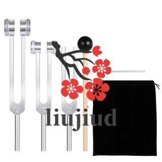 Liujiud ชุดส้อมจูนเสียง (128Hz, 256Hz, 512Hz) พร้อมค้อนสะท้อน สําหรับซ่อมแซมจักระ การรักษาเสียง การบําบัดด้วย DNA