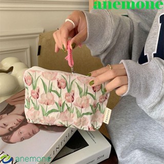 Anemone กระเป๋าเครื่องสําอาง กระเป๋าสตางค์ ผ้าฝ้าย พิมพ์ลายดอกทิวลิป สีม่วง ลําลอง สําหรับใส่เครื่องประดับ