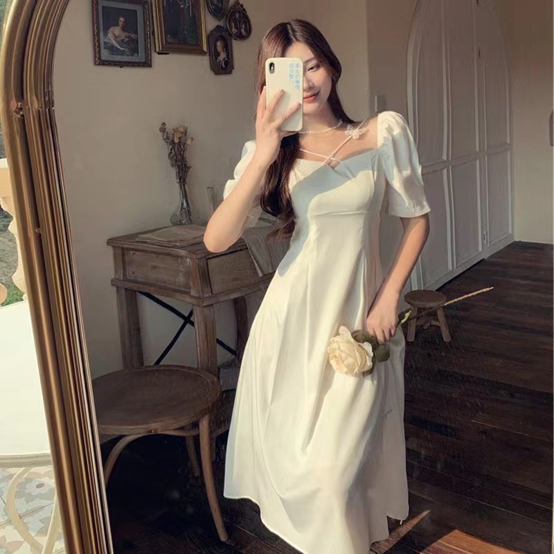 เดรสขาว สไตล์เกาหลีแบบสบาย ๆ หรูหรา ปลอกคอสแควร์