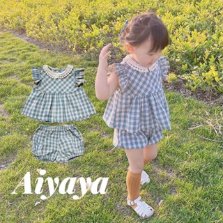 Aiyaya ชุดเซ็ทเด็กผู้หญิง เสื้อลายสก๊อตคอตุ๊กตา+กางเกงขาสั้น ชุด2ชิ้น แฟชั่นฤดูร้อน เหมาะสำหรับสาวๆ （790）