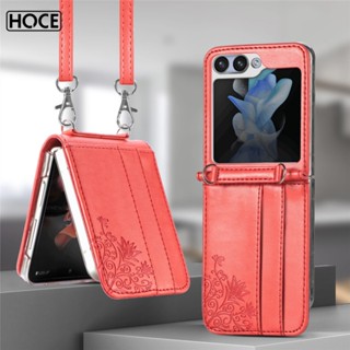 Hoce ZFlip5 เคสโทรศัพท์มือถือหนัง ฝาพับ ลายนูน พร้อมช่องใส่บัตร และสายคล้องยาว กันกระแทก สําหรับ Samsung Z Flip 5 4 3 ZFlip4 5G flip3