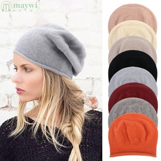 Maywi หมวกบีนนี่ลําลอง ผ้าฝ้ายแคชเมียร์ แบบหนา สีพื้น ให้ความอบอุ่น แฟชั่นฤดูหนาว สําหรับผู้หญิง