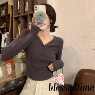 Blessedtime- เสื้อครอปท็อปแขนยาวลําลอง คอวี เข้ารูป สีพื้น แฟชั่นฤดูร้อน สําหรับผู้หญิง