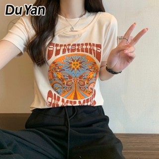 Du Yan เสื้อยืด แขนสั้น พิมพ์ลาย เครื่องเทศ อเมริกัน ฉลุลาย เข้ารูป สําหรับผู้หญิง