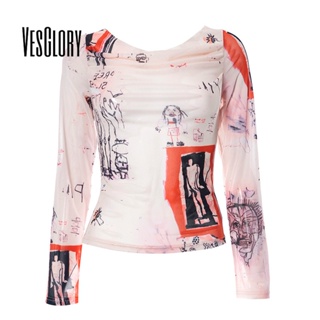 Vesglory เสื้อครอปท็อปแขนยาว คอกลม พิมพ์ลาย สีตัดกัน แฟชั่นสําหรับสตรี 2023