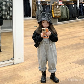 Korean style childrens denim suspender pants 2022 Spring and Autumn New girls retro wide loose denim long pants VHAS