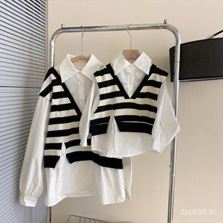 Parent-child Clothing Spring and Autumn New girls Korean style fashionable fake two-piece long sleeve shirt fashionable foreign striped all-match shirt 4OQU