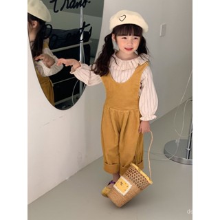 Wheat field season 2023 Spring and Autumn New Korean childrens wear girls striped Lotus collar doll shirt corduroy strap pants LTRX