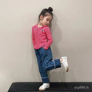 Korean style childrens wear girls spring new strawberry striped hooded sweater foreign top straight jeans two-piece set ZLZG