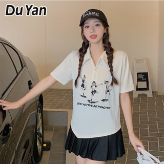 Du Yan เสื้อยืดแขนสั้น คอปก พิมพ์ลาย พลัสไซซ์ แฟชั่นใหม่ สําหรับผู้หญิง