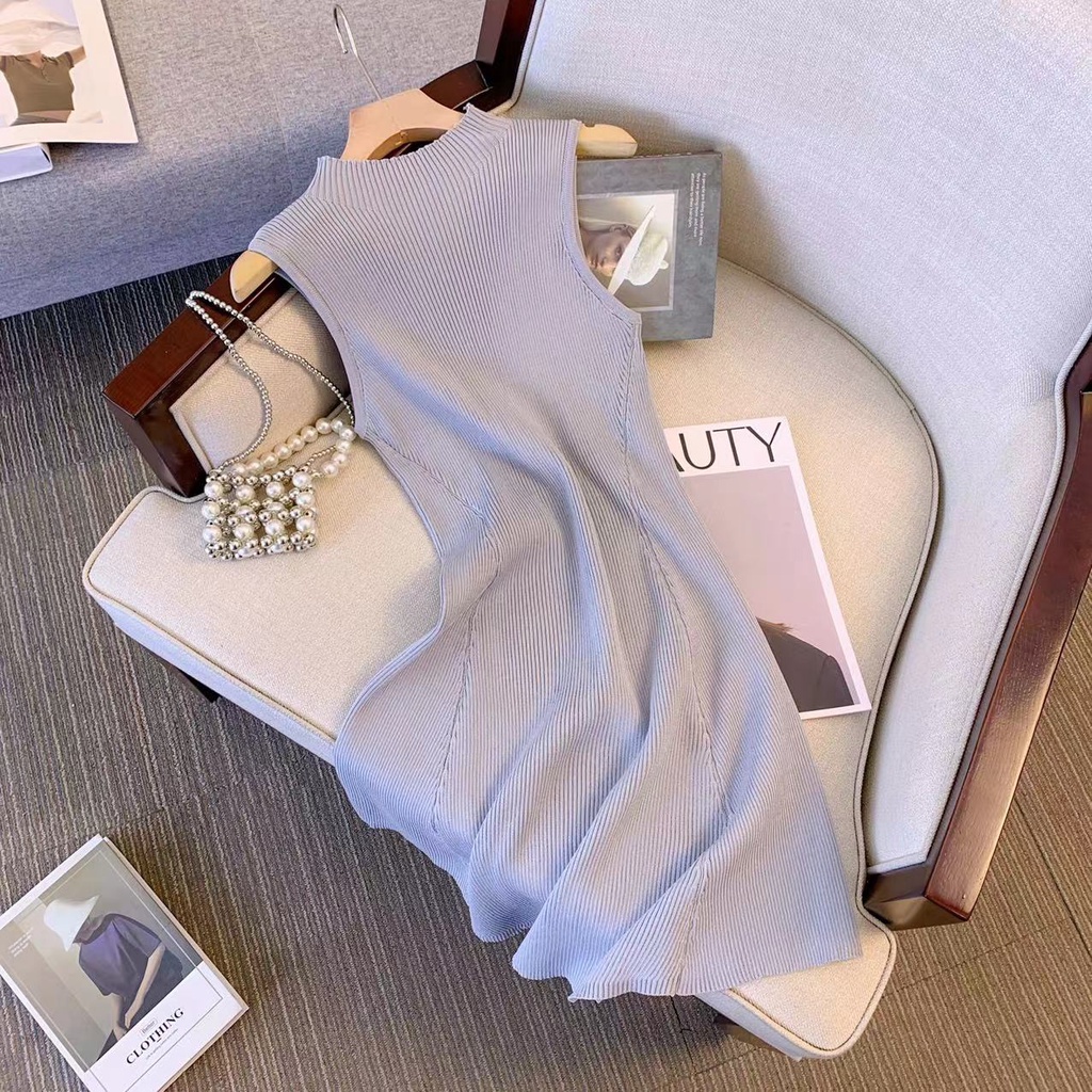 60455 แบบเรียลไทม์แขนกุดถักขนาดเล็กสลิมฟิตเอวบริสุทธิ์ชุดสาย