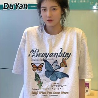 Du Yan เสื้อยืดแขนสั้น พิมพ์ลายผีเสื้อ สีขาว เข้ากับทุกการแต่งกาย แฟชั่นฤดูร้อน สไตล์อเมริกัน สําหรับผู้หญิง