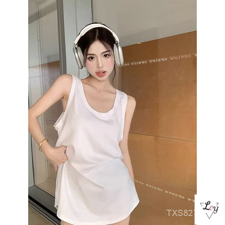 เสื้อกีฬาแขนกุด ความยาวปานกลาง ทรงหลวม สีขาว แฟชั่นฤดูร้อน สไตล์อเมริกัน สําหรับผู้หญิง 2024