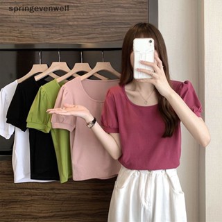 [springevenwell] เสื้อยืดคอกลม แขนสั้น แขนพัฟ สีพื้น สไตล์ฝรั่งเศส เรโทร ฤดูร้อน สําหรับผู้หญิง