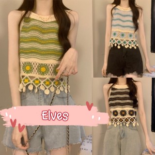 Elves✨พร้อมส่ง✨เสื้อกล้ามทรงครอปสั้น ถักไหมพรม สีพาสเทลหวานๆ ประดับพู่กลวง ~91099~ -C