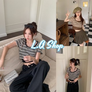 L.A Shop พร้อมส่ง เซ็ต 2ชิ้น เสื้อคล้องคอไหมพรม+ครอปสั้นลายทาง 2สี "DY702" -C