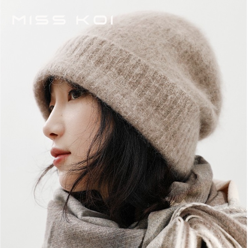 MISSKOI ฤดูใบไม้ร่วงฤดูหนาว All-Match กระต่ายขนสัตว์ถักหมวกขนสัตว์หมวกเสื้อสวมหัวอบอุ่นสไตล์ญี่ปุ่นหัวใหญ่ป้องกันหูหมวก