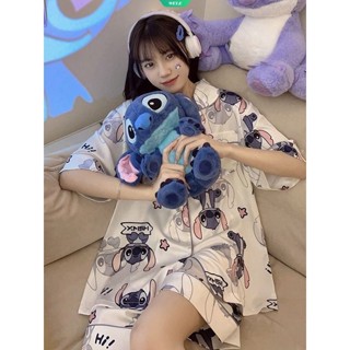 ชุดนอนเสื้อแขนสั้น กางเกงขาสั้น ผ้าเรยอน ลายการ์ตูน Stitch ทรงหลวม ขนาดใหญ่ สวมใส่สบาย แฟชั่นฤดูร้อน สไตล์ญี่ปุ่น สําหรับสตรี